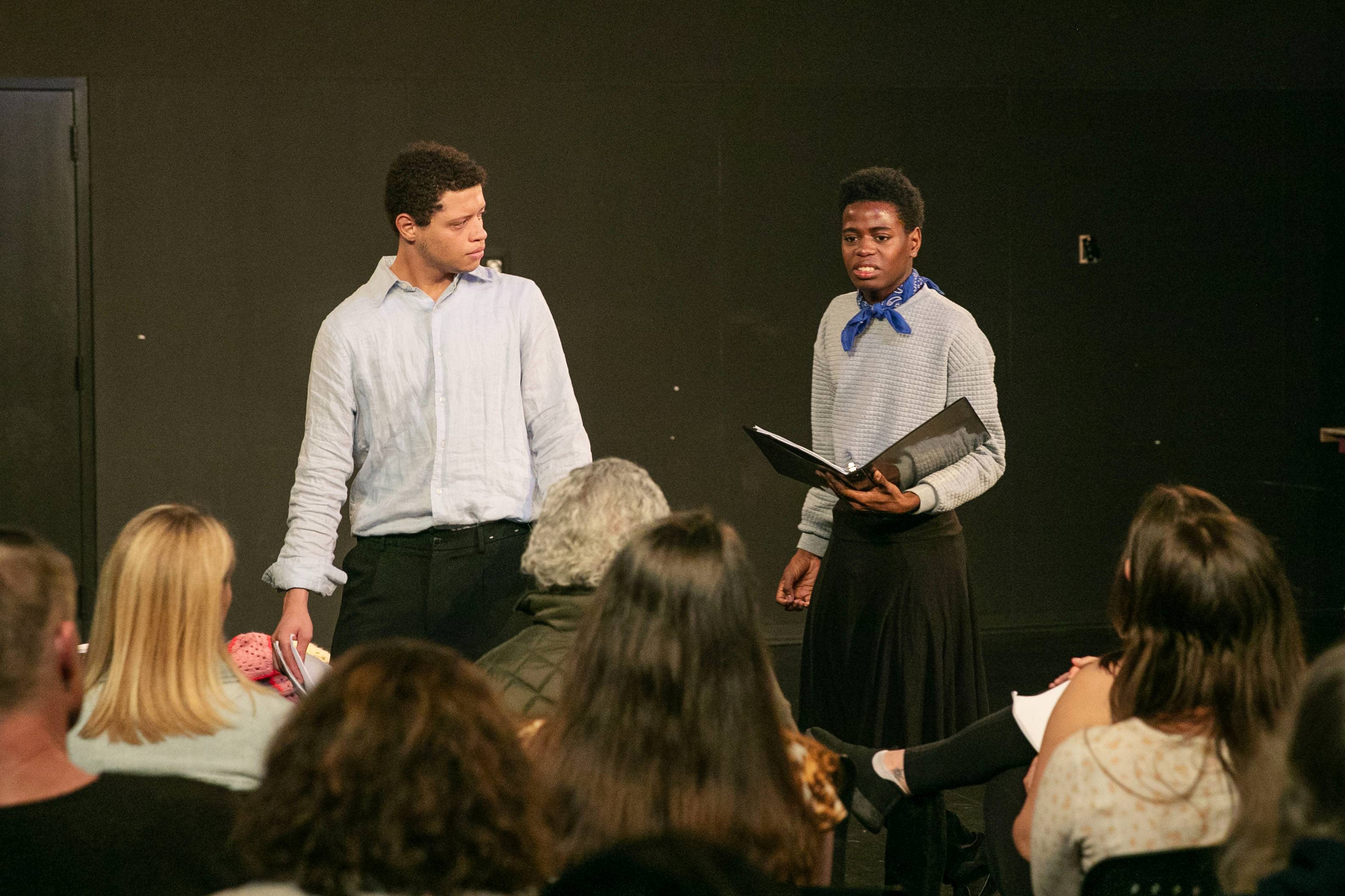 Wesley Almanzar ’27 and Davin Arzu ’27 perform a translation of a play as part of Academic Festival session for the Theater Department, one of many distinct ways that Skidmore students from many disciplines participate in academic festival each year.  