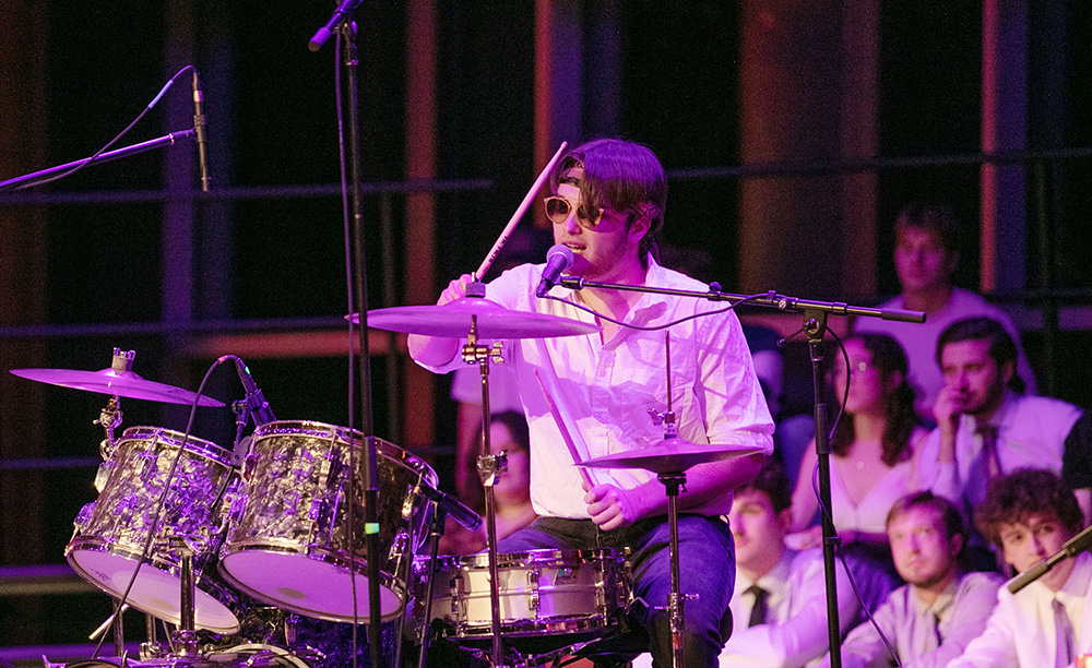 Alex Ciardullo ’25 on the drums at Skidmania '73 in 2023