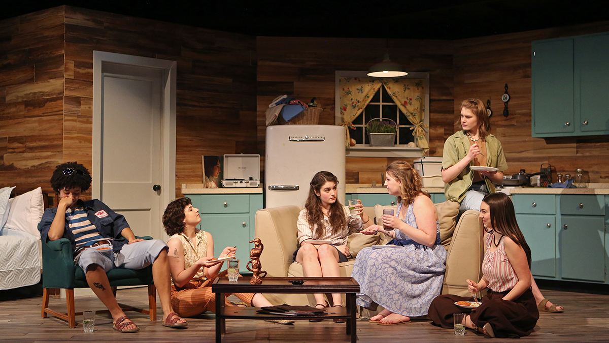 Theater students at Skidmore perform “Last Summer at Bluefish Cove” in the Janet Kinghorn Bernhard Theater, on a set designed by Adelaide Lance ’25. (Photo: Sue Kessler ’99)