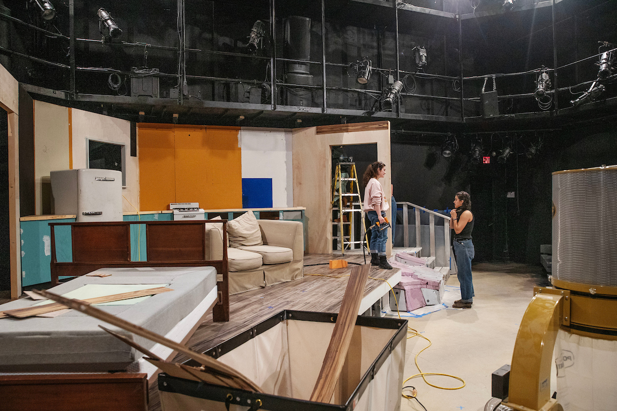 Skidmore students constructing the set for “Last Summer at Bluefish Cove”, designed by Adelaide Lance ’25.