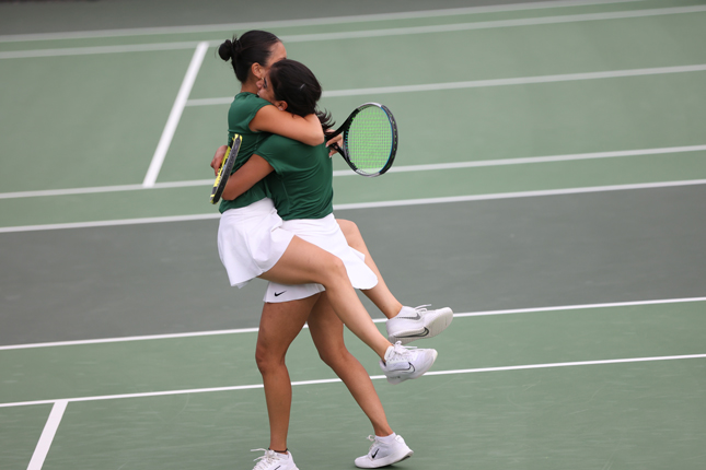 Grace Truong ’25 and Konika Dhull ’25 celebrate a win