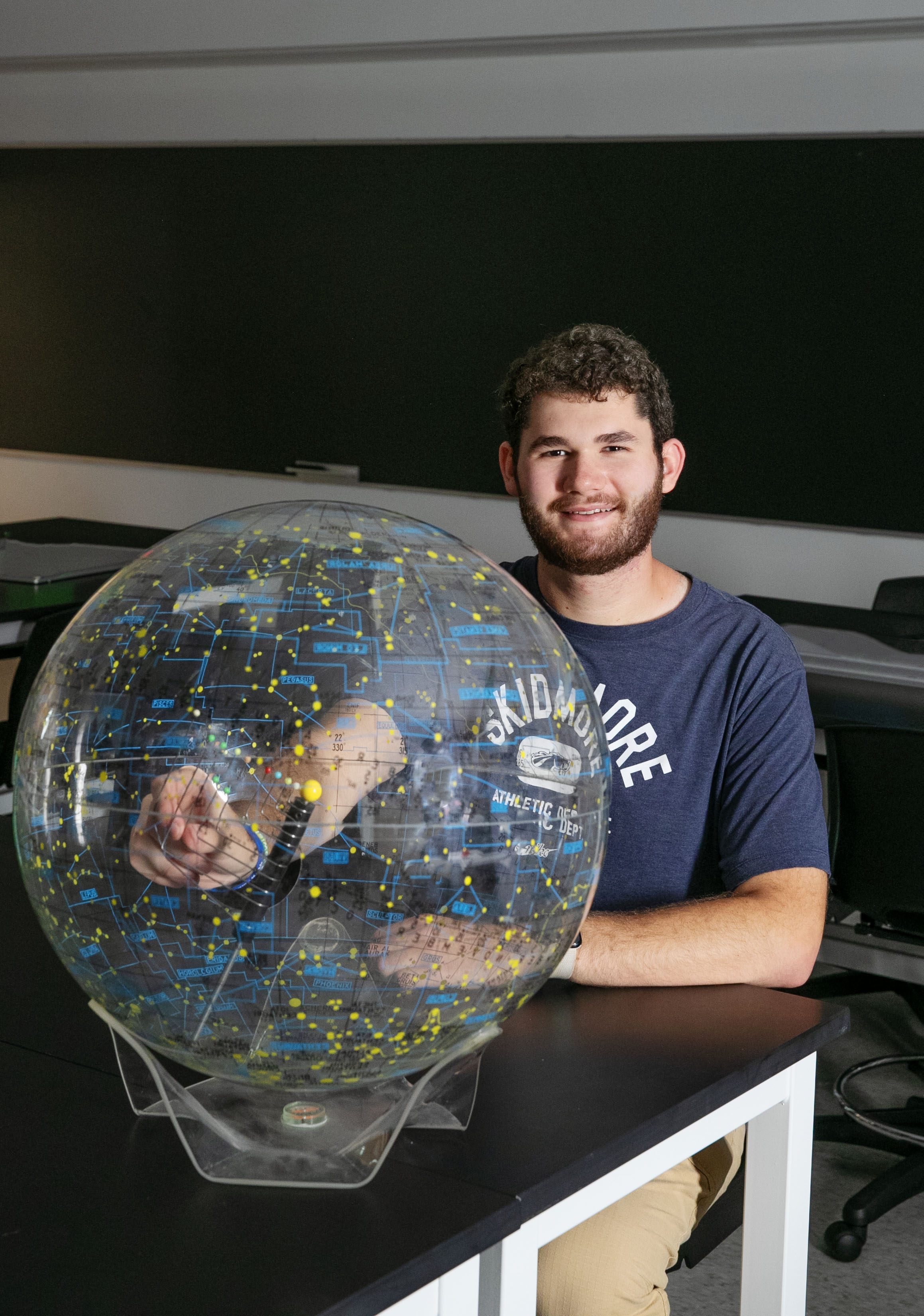 Milo Flamenbaum ’26 Milo Flamenbaum ’26 sits beside a plastic globe.
