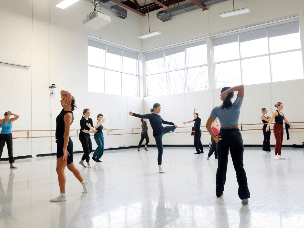 Skidmore College students dance during rehearsal with ODC/Dance in partnership with the performing arts centers at the University at Albany and The Egg