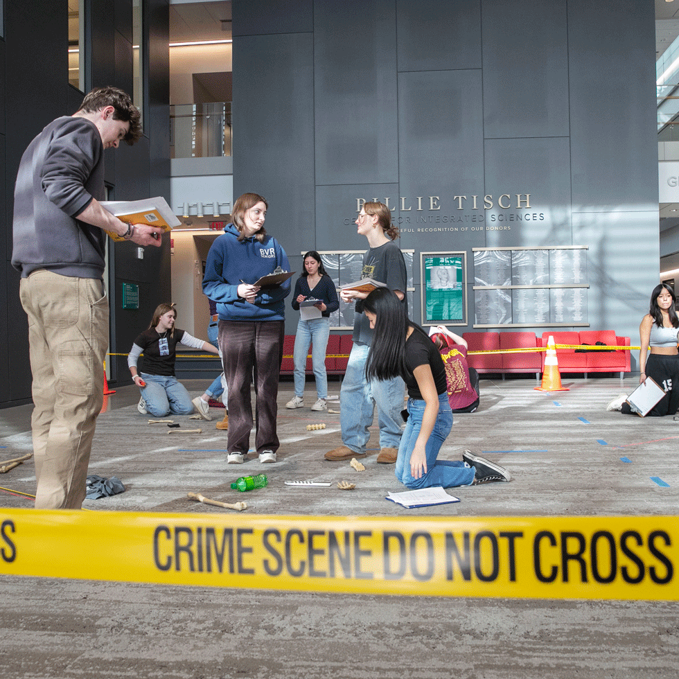 Student works in the BTCIS on a fake forensic crime scene