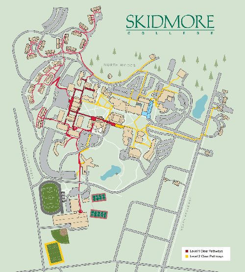 Map of skidmore campus with highlighted routes for safe walkways