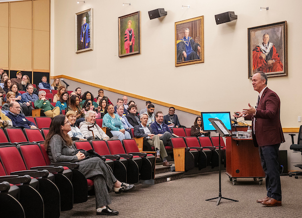 Skidmore College president, President Conner addresses a crowd during President's Hour