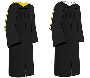 Illustration of black commencement gowns with yellow and white hoods