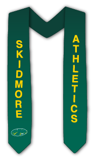 Sash that's green with yellow lettering that reads Skidmore Athletics
