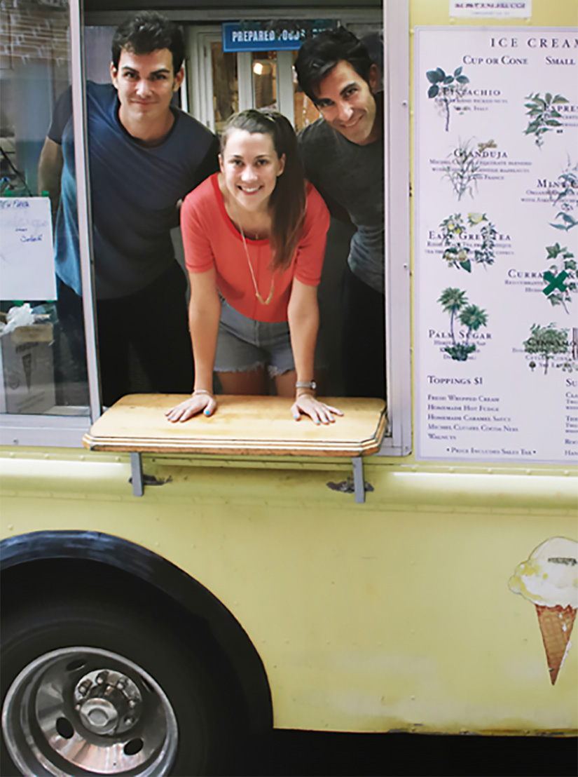 The founders of Van Leeuwen Ice Cream, brothers Ben (left) and Pete Van Leeuwen and Laura O’Neill, pictured in their original ice cream truck (converted from an old USPS delivery truck).