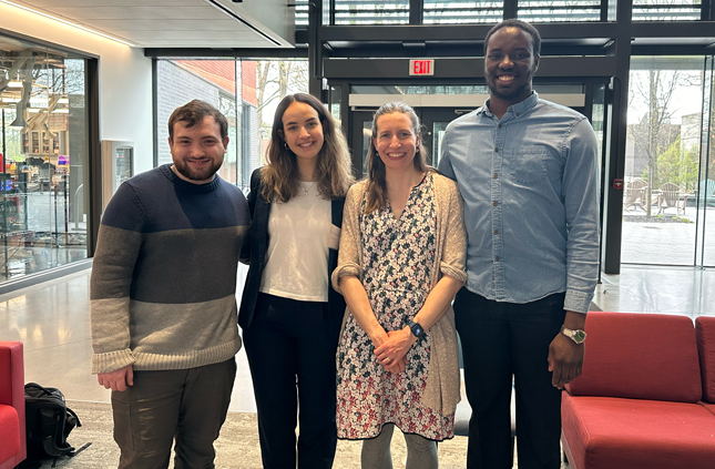 Cuibus poses with her research advisor, Associate Professor and Chair of Chemistry Aurelia Ball, and classmates Will Barr ’24 and Oluebube Onwuzulu ‘24 in the Billie Tisch Center for Integrated Sciences