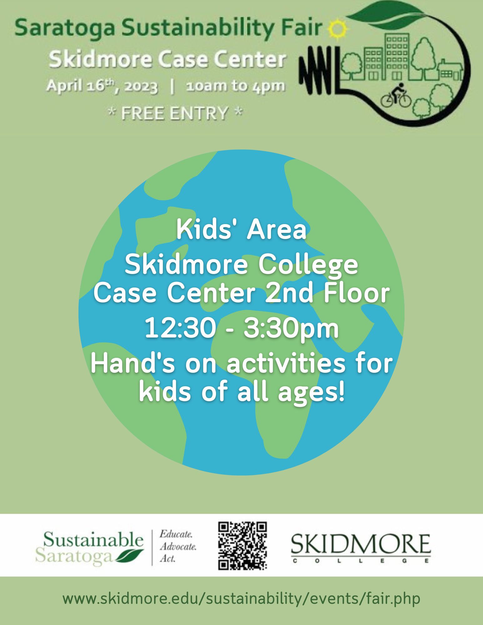 Title text Saratoga Sustainability Fair, April 16 2023 at Skidmore College. Icon of Earth in the middle of the poster with text KIDS AREA.