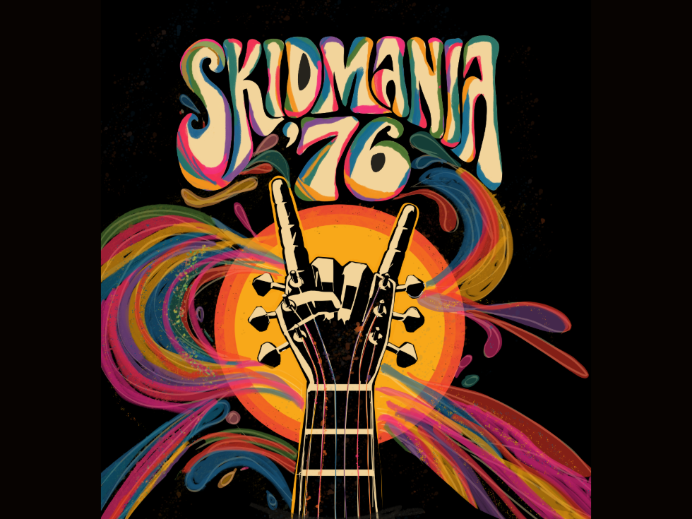skidmania '76 at the top center with a and doing the rock on or sign of the horns gesture shaped like a guitar headstock